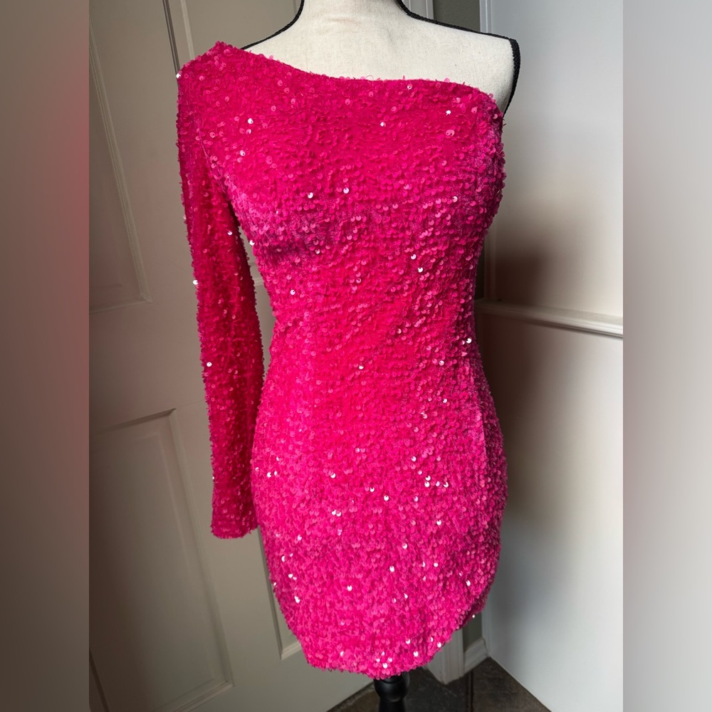 Sequin 1-shoulder mini dress, pink, size 8